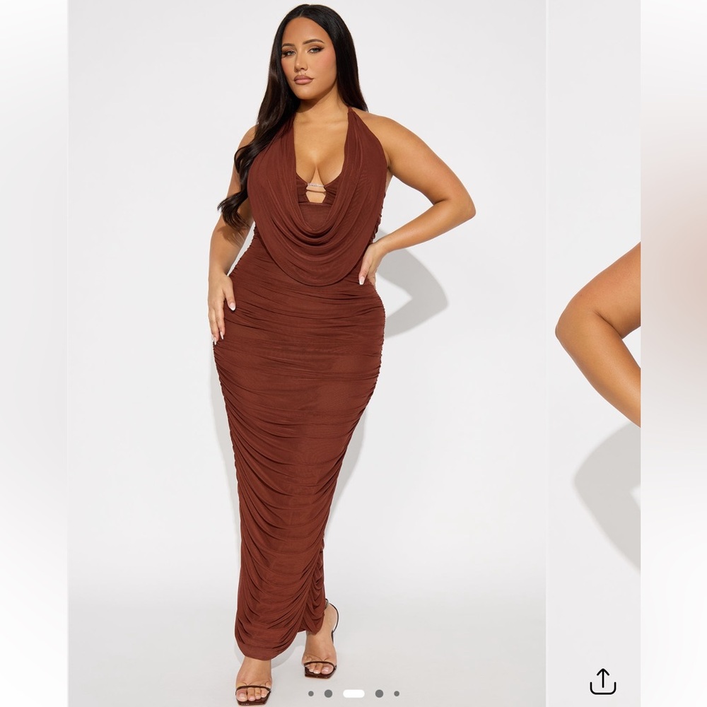 Fashion Nova Curve Plus Size Brown Ruched Mesh Maxi Dress